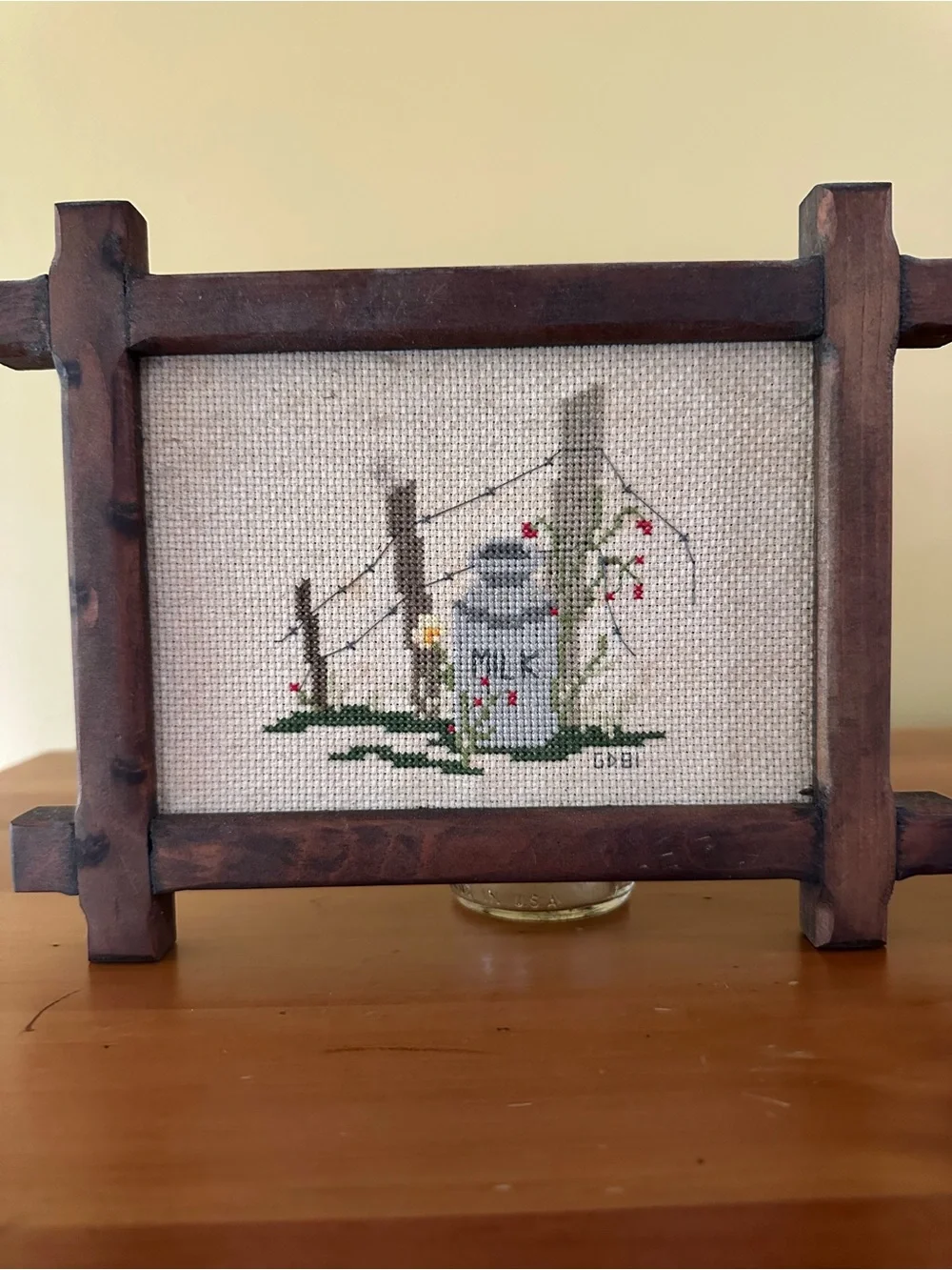 Handcrafted Amish Rustic Brown Wooden Frame Cross Stitch Wall Art